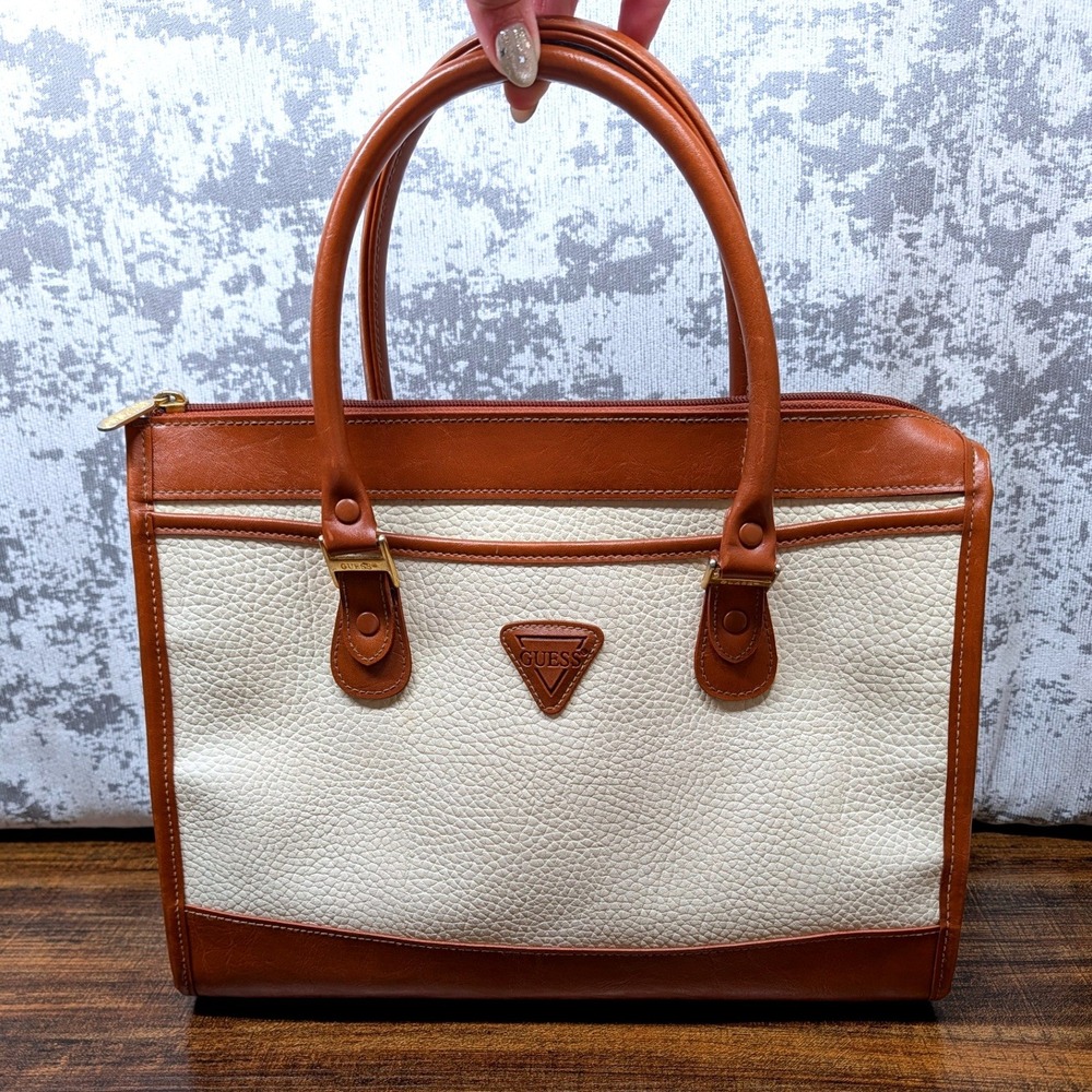 Guess Vintage Two Tone Pebbled Faux Leather Satchel Handbag Cream Brown Gold 90s